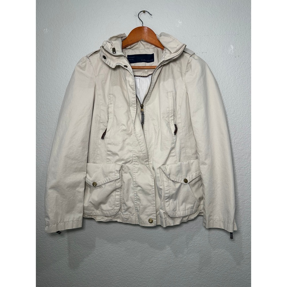 Zara Basic Womens Cream Beige Utility Hooded Jacket Full Zip Cargo Pockets Small
